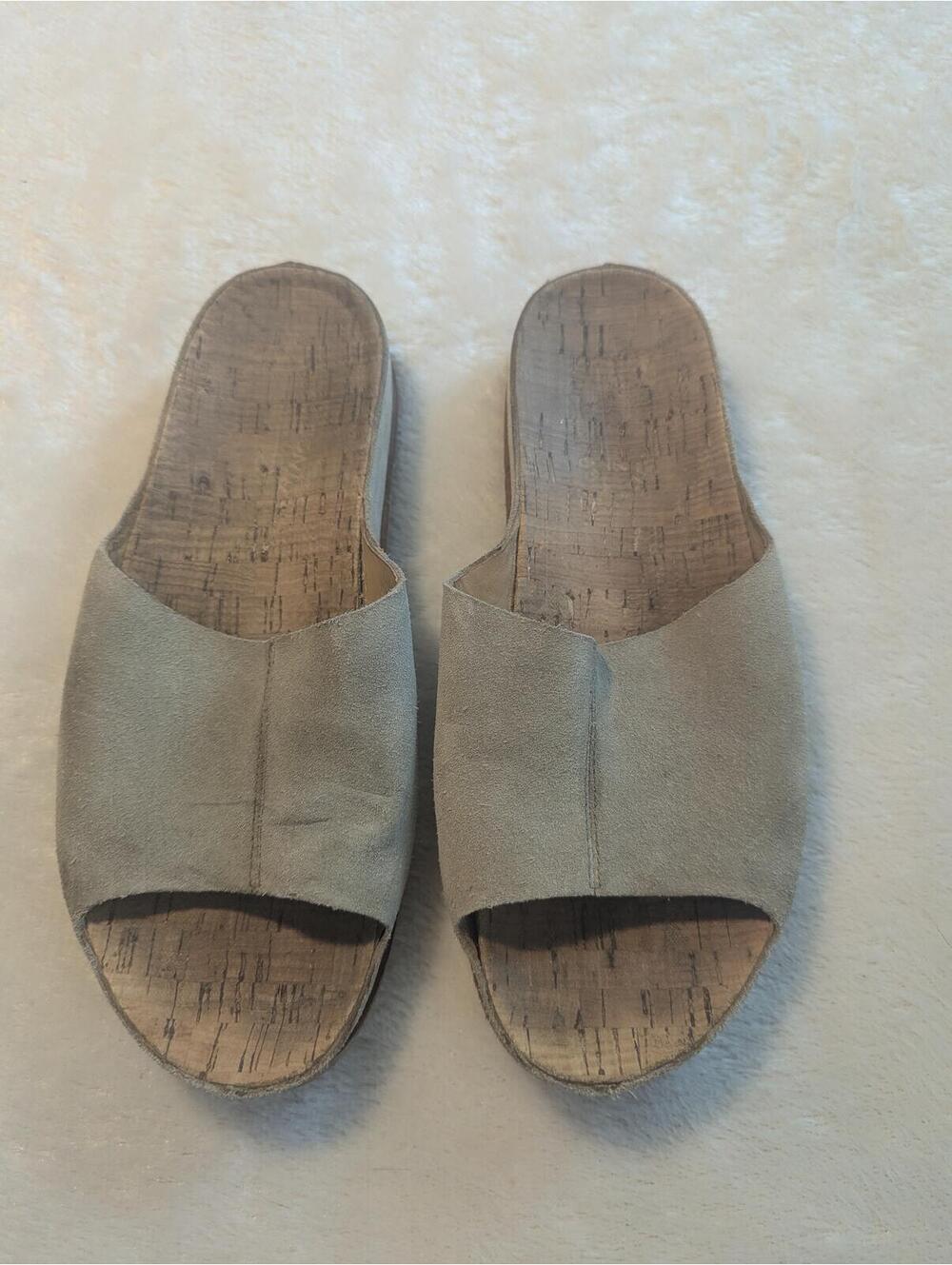Beige Suede Slip-On Sandals with Cork Footbed